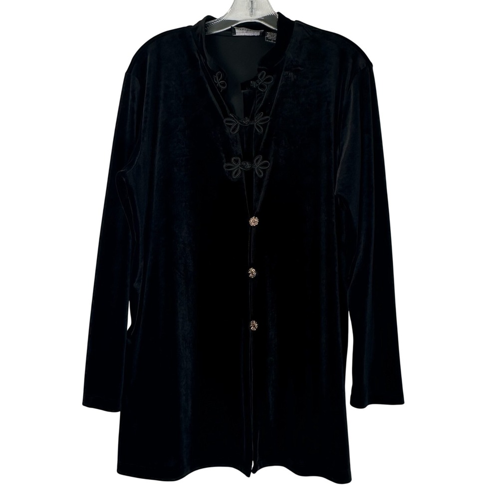 Impressions Lifestyle Black Velvet Tunic Top Frog Fasteners Gold Buttons Large